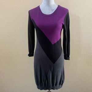 French Connection Chevron Knit Dress – Black Purple Gray – Long Sleeve – Size 10